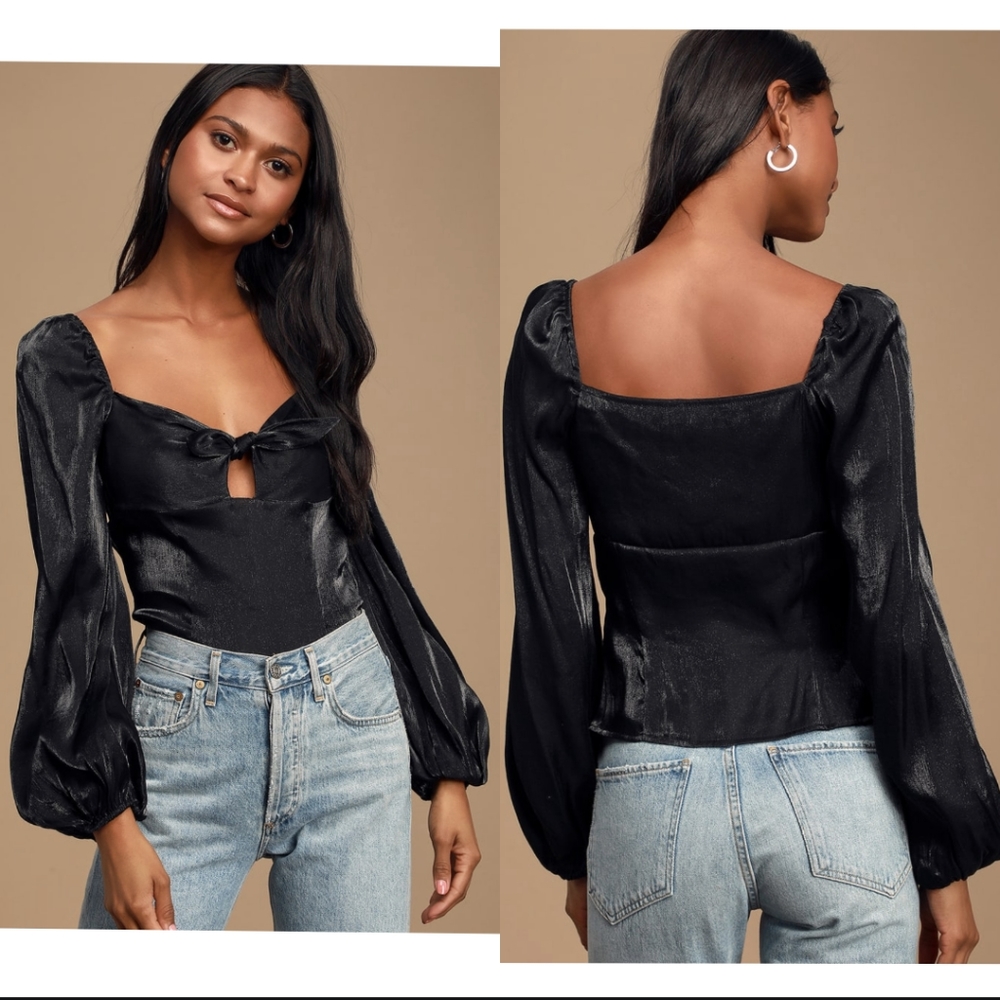 NWT Lulu's Chic Perspective Satin Tie Puff Sleeve Shirt